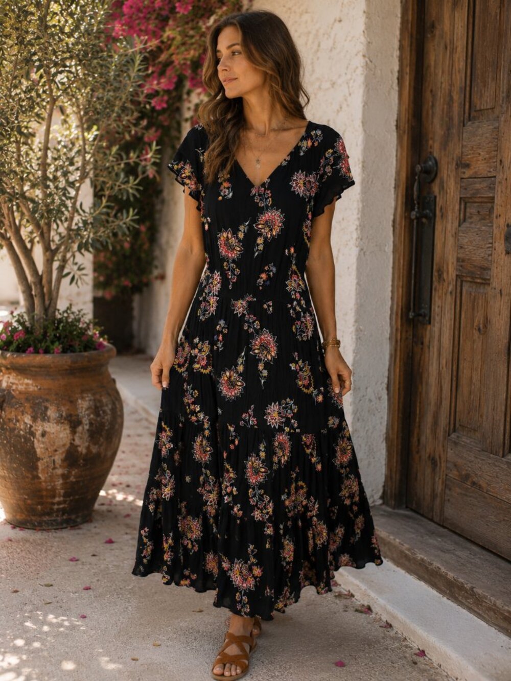 Old Navy Black Floral Boho Maxi Midi Dress | Flutter Sleeve Festival Cottagecore